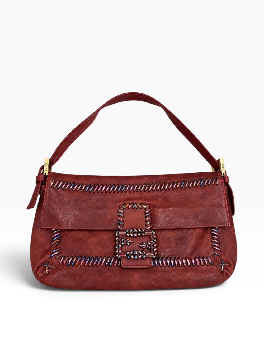 Vintage XL Fendi FF Logo Baguette Leather Iridescent Whipstitch Shoulder Bag
